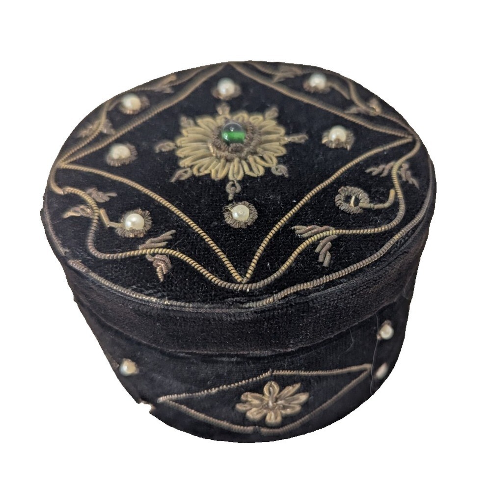 Zardozi Round vintage black velvet designed floral beaded Jewelry box holder